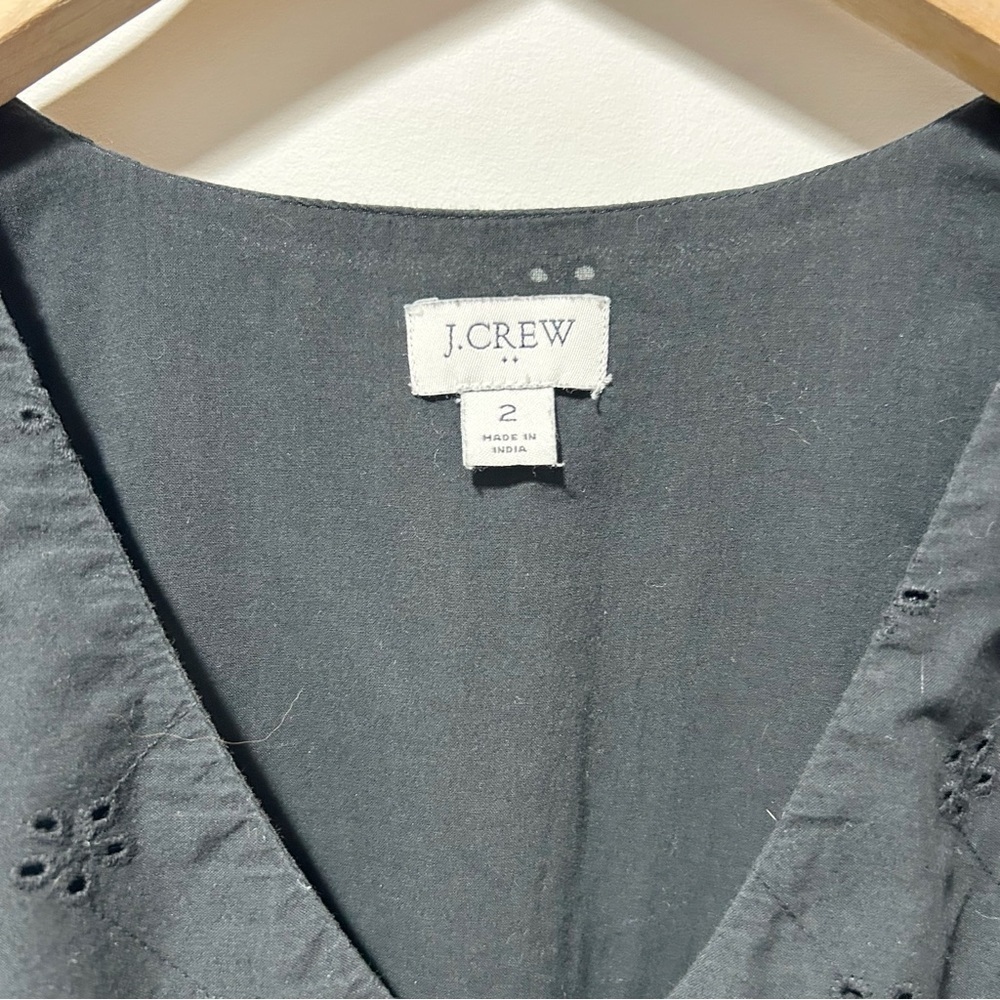 J. Crew Cotton Eyelet Midi Dress Size 2 Black Tiered Pockets Shoulder Ruffles - Picture 10 of 16